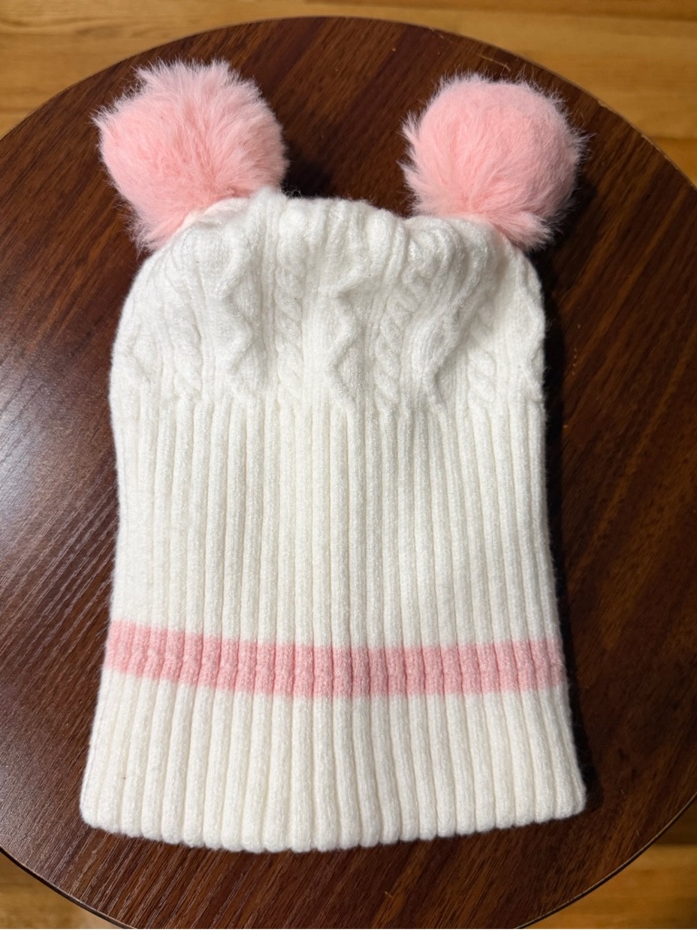 First Steps Kids Cable Knit Pom-Pom Beanie - White & Pink 2T - 4T